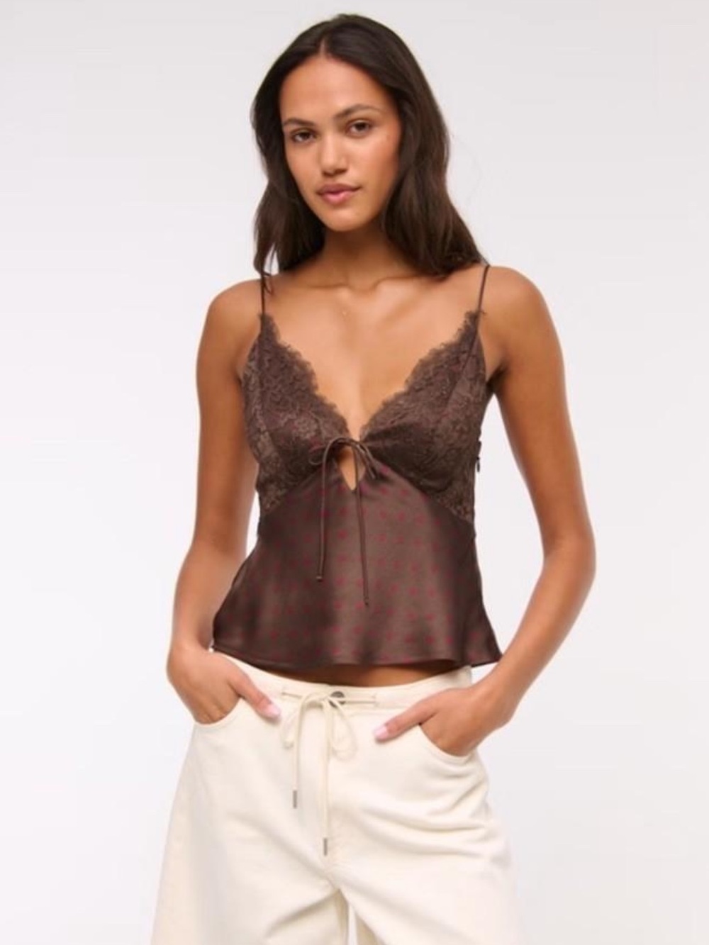Abercrombie & Fitch A&F Bella Tie-Front Cami - Brown/Pink Polka Dot